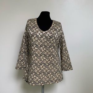 JM Collection Stretch Shirt Top-Gold Black Floral Overlay-Lined-3/4 Sleeve-S